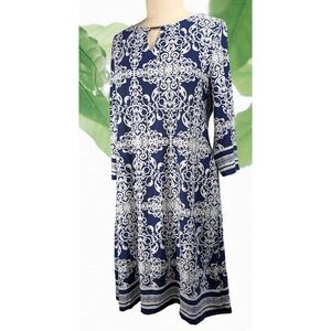 HAANI Sz 2XWoman Light Navy Blue White Damask Keyhole Chrome Bar Shift Dress